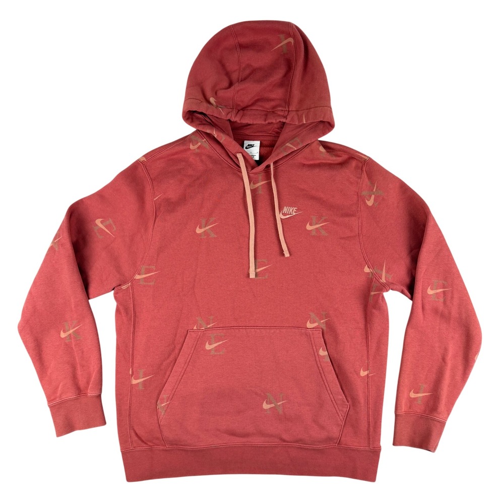 Nike Hoodie Mens L Red All Over Print Spellout Swoosh Fleece Pullover Sweatshirt